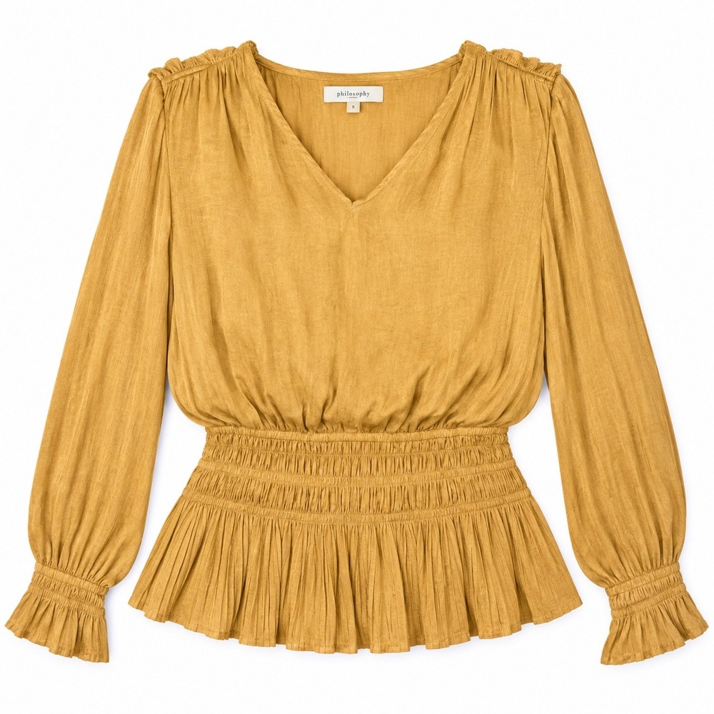 Philosophy Republic Clothing Mustard Gold Smocked Waist Peplum Blouse Medium
